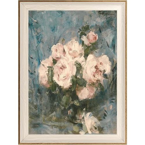 ASTRDECOR Framed Vintage Wall Art for Living Room, Vintage Floral Home Decor Aesthetic, Victorian Pink Rose Bouquet Oil Painting Blue Canvas Wall Art Prints, Antique Flower Pictures Blue Artwork for Living Room-12''x16''