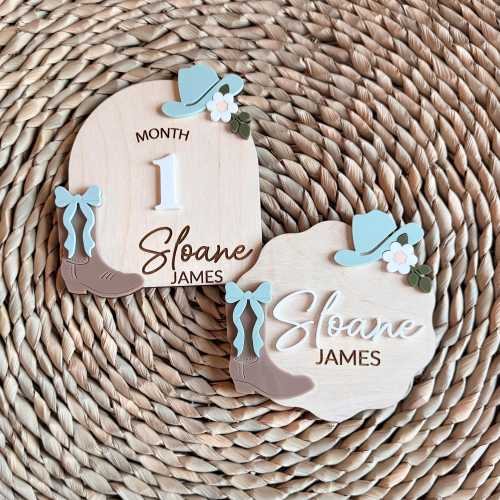 Personalized Cowgirl Baby Milestone Set: Engraved Wood & Acrylic Photo Props