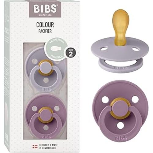 BIBS Pacifiers 6-18 Months | Set of 2 Colour Pacifier with Symmetrical Nipples | BPA-Free Natural Rubber | Made in Denmark | Fossil Grey/Mauve, 6-18 Months
