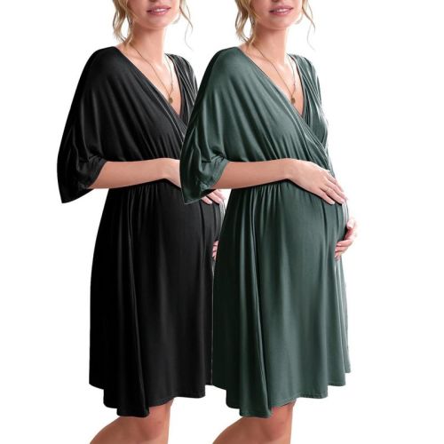 Ekouaer 3 in 1 Labor/Delivery/Hospital Gown Maternity Dress Nursing Nightgown Sleepwear for Breastfeeding - 1&2 Pack Black/Dark Green L