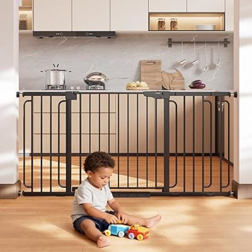 Cumbor 36.6-64" Extra Wide Baby Gate for Stairs, Dog Gates for Doorways, Auto-Close Pet Gate Indoor, Pressure Mounted Walk Through Safety Child Gate for Kids Toddler, Tall Pet Puppy Fence Gate, Black