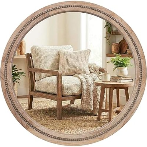 Pocetry 30" Round Solid Wood Wall Mirror, Hand-Inlaid Beaded Frame, Natural Wood Bathroom Vanity Mirror for Powder Room, Entryway, Bedroom, Tempered Glass