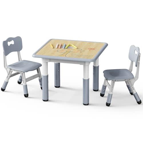 Brelley Height Adjustable Toddler Table and 2 Chairs Set, Grey | Table Supports 280 lbs, Drawing Activity Desk, Classroom/Daycare/Home, Children Multi-Activity Table for Ages 3-8