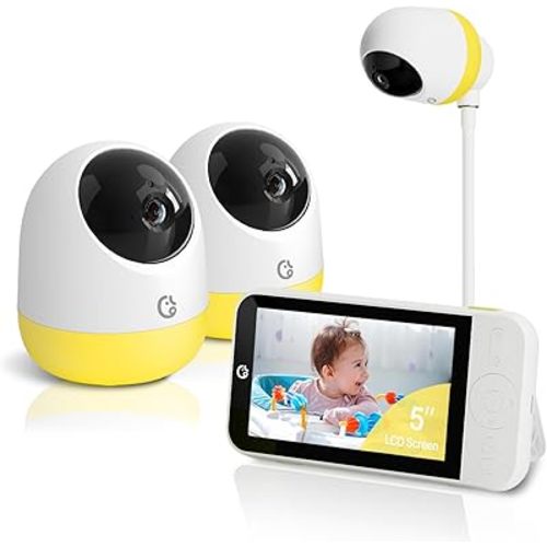 Ellie Pro Baby Monitor with 2 Cameras,5'' IPS 2K UHD Resolution,6000mAh Battery, Remote Pan-Tilt-5X Zoom, 2-Way Talk,No WiFi, Night Vision, Virtual Fence and 1000ft Range
