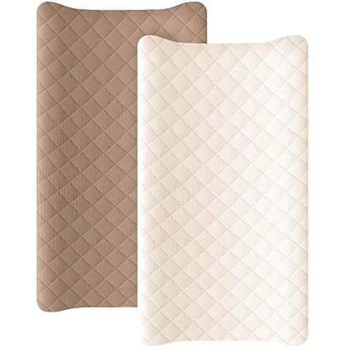 Konssy Waterproof Muslin Changing Pad Cover 2 Pack, Quilted Cotton Fitted Diaper Changing Table Cover, Soft Changing Pad Sheets for Girls Boys (Brown, Cream)