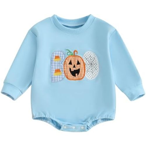 Newborn Baby Halloween Outfit Boy Girl Boo Onesie Sweatshirt Bubble Romper Bodysuit Infant Fall Pumpkin Clothes