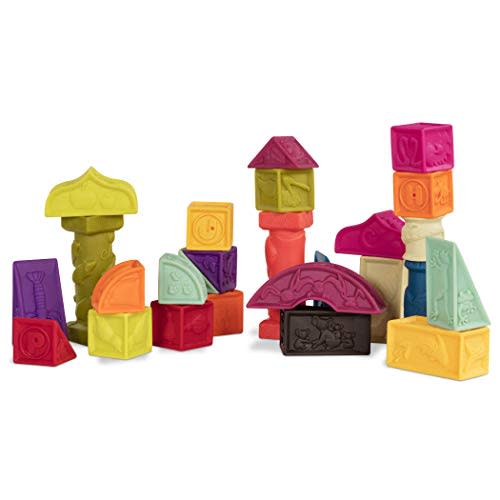 B. toys Elemenosqueeze Baby Blocks, 26 Soft Alphabet Building Blocks | Soft sort and stack baby blocks with 26 squishy pieces, embossed A-Z letters, animals, and shapes for building, 6+ Months