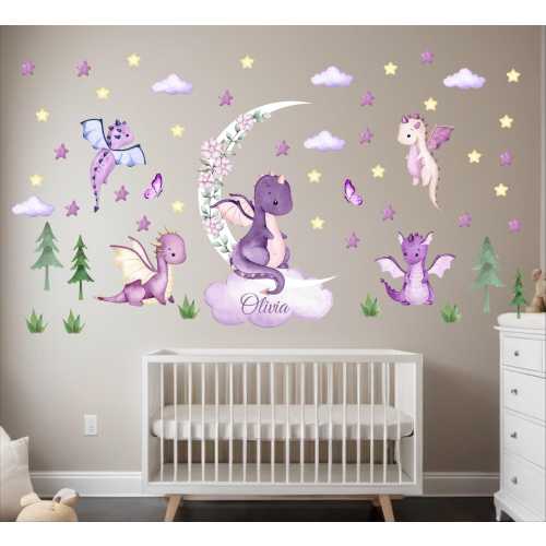 Personalized Watercolor Dragon Nursery Decal: Trees, Moon, Stars, Dragons, Wall Stickers 287