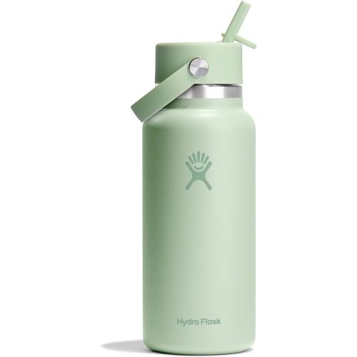 Hydro Flask Water Bottle - Insulated Stainless Steel - Wide Straw Lid, Non Spill, Leakproof in 32 Oz Aloe Green