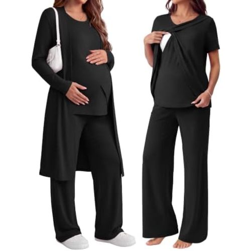 Huukeay 3 Pcs Maternity Nursing Pajamas Robe Set