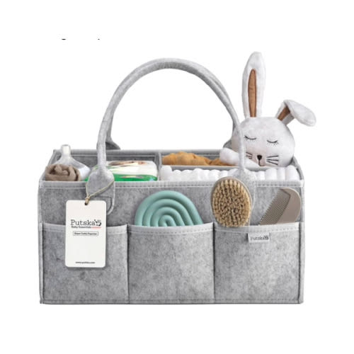 PUTSKA Baby Diaper Caddy Organizer - Nursery Storage Basket for Diaper Station, Baby Basket Shower Gift List and Registry Must-Have, Newborn Essentials, Nursery Decor for Boy or Girl - Grey, Large