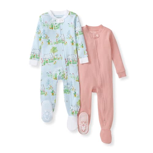 Burt's Bees Baby Girls Organic Cotton, Snug Fit Footed Sleeper Pajamas | Convenient 2-way zip front sleeper pajama is equipped with non-slip bee grips for active littles on the move