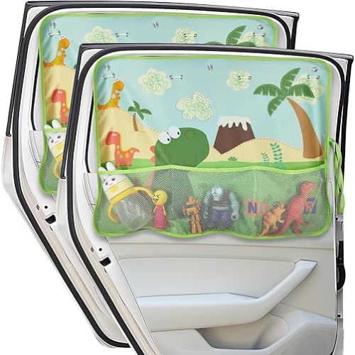 DIZA100 Car Window Shade for Baby, 2 Pack Car Sun Shades with Storage Pockets Car Window Curtain 7 Suction Cups Dinosaurs Pattern for Sun/Heat/UV Rays Protection