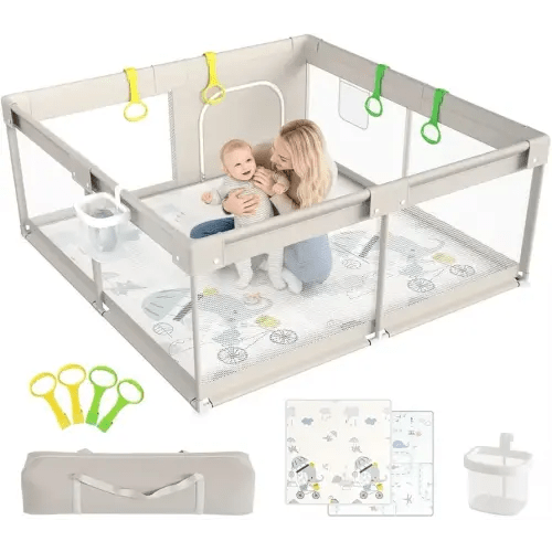 Uanlauo Parc pour bébé avec tapis – 150 x 150 cm extra large avec tapis de jeu pour bébé, parc avec sac de transport, centre d'activités pour bébés et tout-petits, parc pour bébé