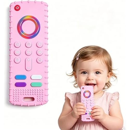 SOLIFEGOBLE Silicone TV Remote Teething Toy, BPA-Free Food Grade Teether for Babies 6-24 Months, Soft Chew Toy with Textured Buttons, Teething Relief & Sensory Play (Pink)