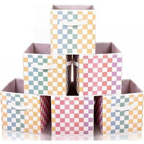 Bokon 11 Inch Colorful Checked Fabric Storage Cube Back to School Classroom Must Have Cube Storage Organizer with Handle Collapsible Cubby Basket Bin Gift for School Lockers Homeschool Office