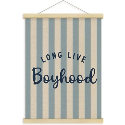 Fewgb Blue Long Live Boyhood Wall Art Decor for Boys Nursery, Wall Decor Poster Framed Hanger for Toddler Baby Boys Kids Room Playroom Bedroom, Striped Hanging Picture Prints Banner 12x16