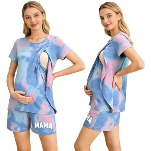 UNIQUEONE 2 Pack Women’s Nursing Pajamas Set-Double Layer Maternity Breastfeeding Pjs-Postpartum Short Sleeve Tops & Shorts