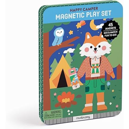 Mudpuppy Happy Camper – Magnetic Build-It Travel Friendly Game with Illustrated Forest Background Scenes Including 2 Furry Characters and Over 40 Mix and Match Magnets for Children Ages 4 and Up
