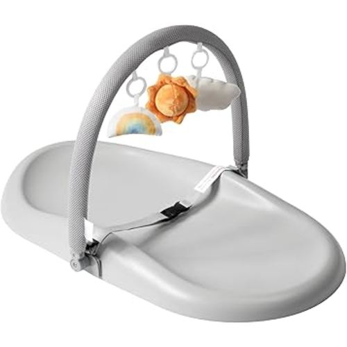 Wipe-Clean Baby Changing Pad, Waterproof Durable PU Pad, Soft & Non-Slip Safety Belt & Hanging Toys, Easy to Adjust & Removable Bar, Gray