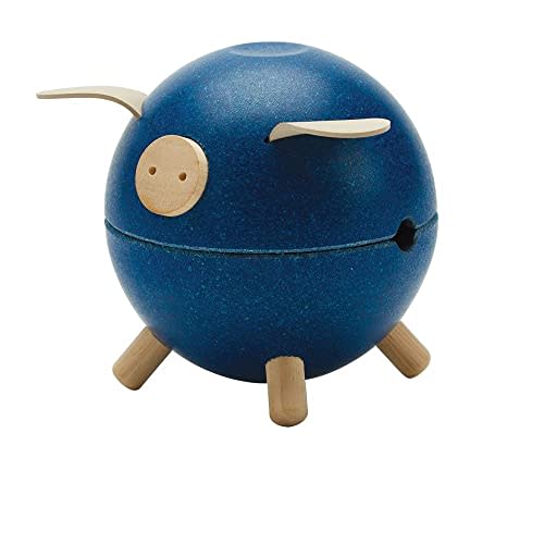 PlanToys® Wooden Piggy Bank in Blue | Montessori Inspired Coin Bank for Early Saving and Practical Life Skills | Eco Friendly Wooden Money Bank for Home and Playroom Décor