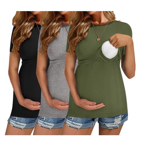 Ekouaer Womens Nursing Tops 3 Pack Short Sleeve Ribbed Breastfeeding Shirts Double Layer Maternity Shirt Pregnancy Clothes