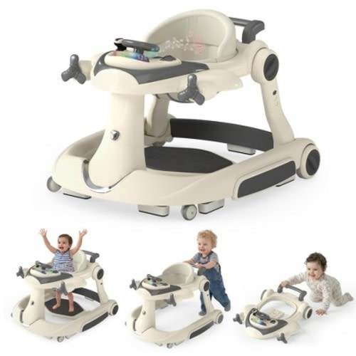 TODECARE 6-in-1 Baby Walker with Adjustable Height, Foldable Design & Speed-Control Wheels, Easy-Clean Seat, Beige