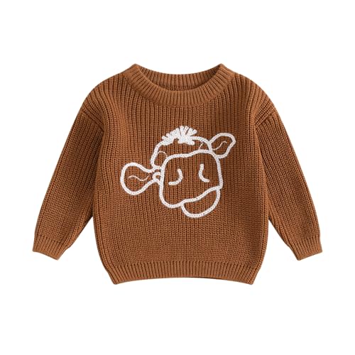 Toddler Boy Girl Western Sweaters Infant Baby Cute Highland Cow Embroidery Jumper Long Sleeve Knitted Pullover Tops
