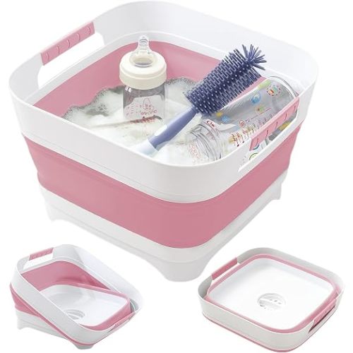 Collapsible Wash Basin for Baby Bottles - 2.4 Gallons Portable Wash Bin for RV Camping Sink, Space-Saving Dish Tub.Laundry & Utility Room Sinks (Pink)