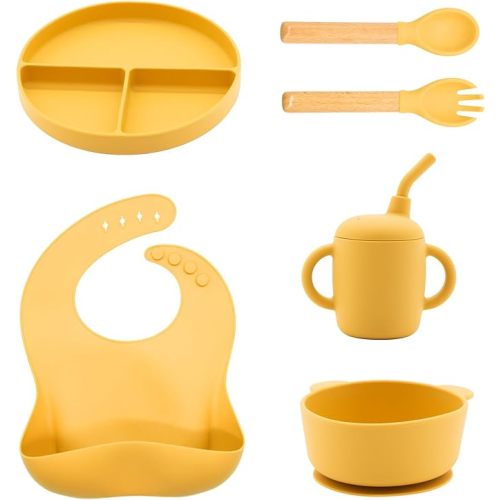 Silicone Baby Feeding Set 6 Pcs, Baby Led Weaning Supplies, Baby Feeding Supplies Set BPA Free, Baby Essentials for Newborn Gift Yellow