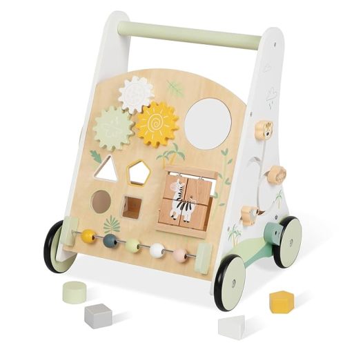 Wooden Baby Push Walker with Activity Center - Adjustable Speed Montessori Walker Toy for Boys and Girls, Woodland Explorer Baby Walker for Toddlers 1-3 Years Old