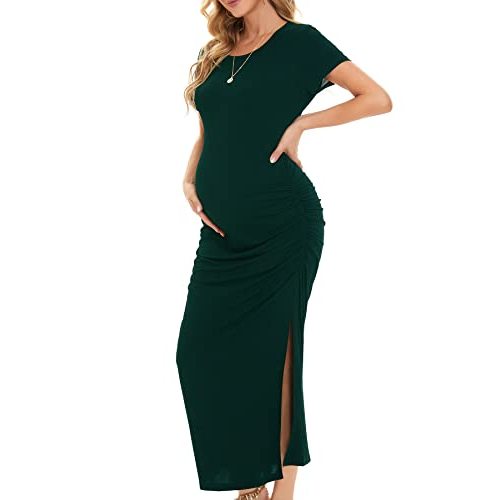 Smallshow Women's Split Long Maternity Dress Short Sleeve Ruched Pregnancy Clothes