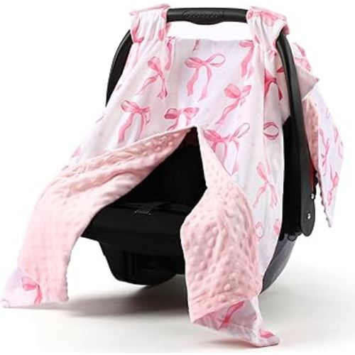 Pink Bow Car Seat Cover Baby Girl, Minky Warm Winter Carseat Covers with Peekaboo Opening Soft Cozy for Newborn Infant Boys Winter Stroller, Nursing Cover Canopy Shower Gift