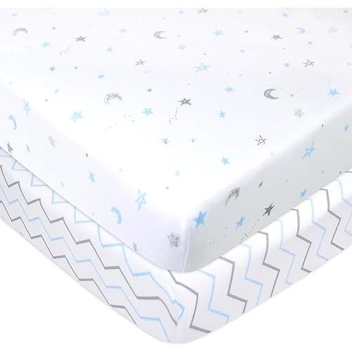 American Baby Company 2 Pack 100% Natural Cotton Fitted Pack and Play Sheets 39" x 27" - Soft & Breathable Pack N Play Sheets for Playard & Mini Crib Mattress, Blue Stars/Zigzag, for Boys & Girls
