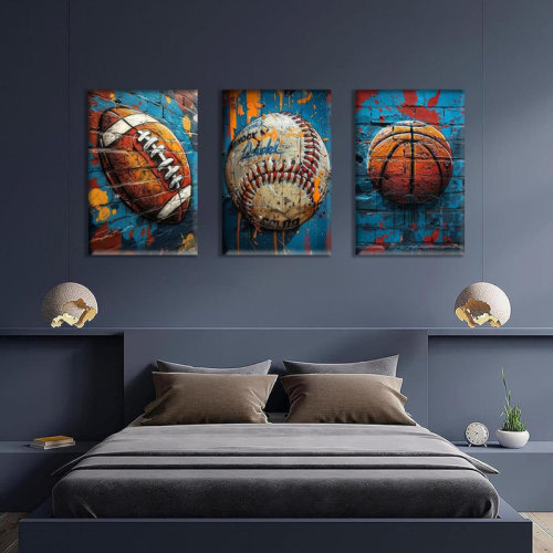 3Pcs Graffiti Sport Canvas Wall Art Trendy Cool Pop Wall Decor Colorful American Football Baseball Basketball Posters Pictures Inspirational Painting Inspirational Boy Room Prints Framed | Wayfair