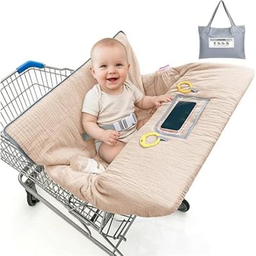 Muslin Shopping Cart Cover for Baby Soft & Breathable High Chair Covers for Restaurant Seat Grocery Cart Cover with Storage Pocket Machine Washable for Infant Toddler Boy Girl, Beige