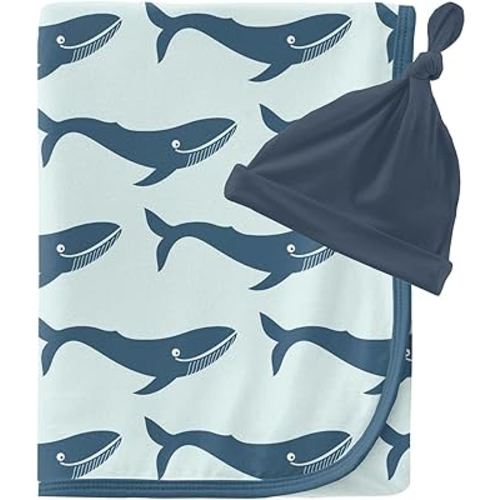 KicKee Pants Print Swaddle Blanket with Knot Hat, Silky Soft Baby Blanket, Sized 40” x 29” (Fresh Air Blue Whales Swaddling Blanket and Deep Sea Knot Hat - One Size)