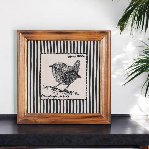 BOTANICAL - HOUSE WREN wall art with teak wooden frame, 12X12 inches