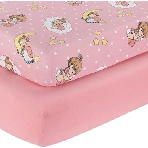 2 Pack Fitted Crib Sheets for Girls in 100% Jersey Knit Cotton – Pink and Yellow Precious Moments Design Plus Solid Pink Girl’s Crib Mattress Sheets by Everyday Kids