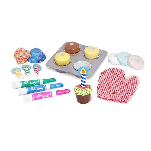 Melissa & Doug Bake & Decorate Wooden Cupcake Kit, with Play Food, Toppings & Play Kitchen Accessories, Preschool Learning Toys for Girls & Boys 3+