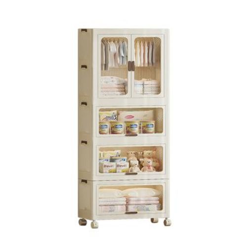 4 Tier Portable Kids Wardrobe Closet with Doors, Plastic Children's Clothing Storage Cabinet with Hanging Rod & 10 Hangers, Baby Clothes Organizer