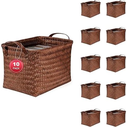 10pcs 15L Laundry Baskets Waterproof Storage Basket For Shelves Large Laundry Hamper With Leather Handle -Cube Organizer Woven Bins for Bathroom,Bedroom,Pantry,Clothes,Car Towels-Brown