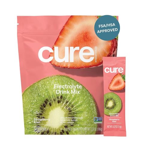 Cure Hydration | Plant-Based Electrolyte Drink Mix | No Added Sugar | Dehydration Relief Powder Made with Coconut Water | Non-GMO | Vegan | Pouch of 14 Packets - Strawberry Kiwi