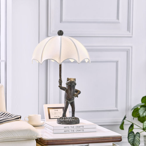 Mercer41 23" Bronze Resin Frog Table Lamp With Linen Umbrella Shade & Reviews | Wayfair