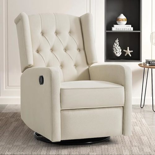 360 Swivel Rocker Recliner Chair for Adults, Nursery Chair for Small Spaces Living Room, Upholstered Fabric Glider Recliner, Lvory