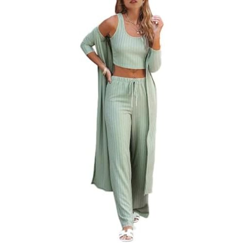 Fessceruna Womens 3 Piece Lounge Sets Pajamas Knit Long Sleeve Cardigan Crop Top Wide Leg Pants Loungewear Set