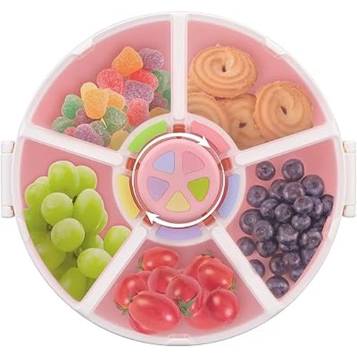 Kids Reusable Rotating Snack Container with 5 Separate Compartments, Color Matching Opening Lid, BPA/PVC-Free, Dishwasher Safe, Perfect for Travel, School Lunches & On-the-Go Snacking-Pink