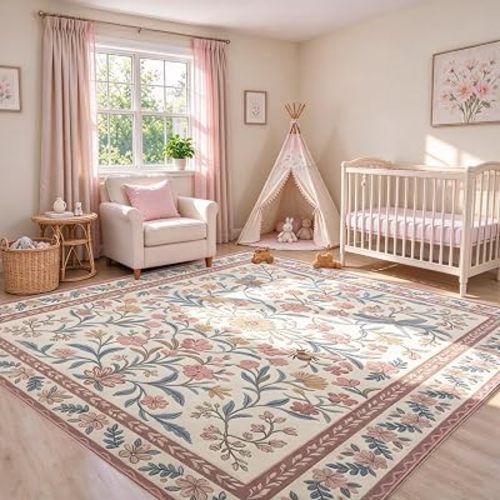 5x7 Area Rugs, Floral Washable Rug for Nursery, Girls Bedroom, Pink