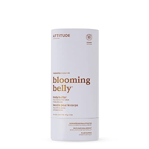 ATTITUDE Plastic-Free Body Butter Bar for Pregnant Dry and Stretched Skin, EWG Verified, Vegan and Cruelty-free Maternity Products, Pink Argan, 3 Ounces