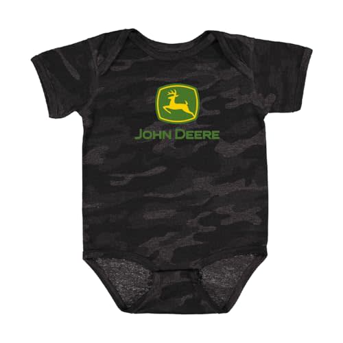 John Deere Infant Bodysuit Baby Boy Short Sleeve Logo Onesie in Heathered Black Gray Camo